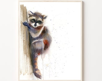 Raccoon Print, Safari Animal Wall Art Decor, Watercolor Woodland Painting, Raccoon On The Tree Giclée Print Illustration, Nursery Art Decor