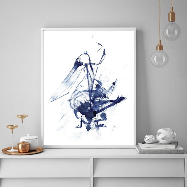 Abstract Ink Blot Art, Pelican Print, Indigo Bird Pelican Painting, Blue Silhouette Art, Modern Wall Print, Pen And Ink Print Wall Decor