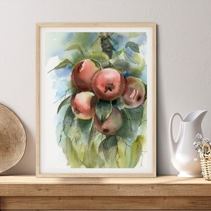 Stampa artistica di mele su ramo, dipinto botanico di frutta ad acquerello, decorazione da parete per la cucina, opere d'arte con piante e fogliame naturali, decorazioni per la casa con frutta