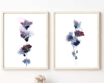 Abstract Floral Painting 2 Art Prints Set, Botanical Wall Art, Watercolor Flowers Living Room Decor, Set Of 2 Flowers Fine Art Prints