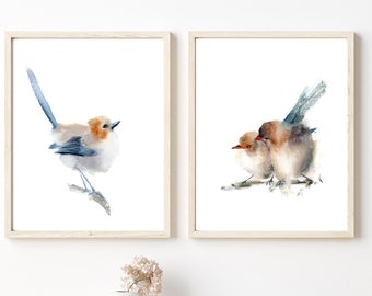 Minimalistische Vogelmalerei, Wren Prints Set Of 2 Wandkunst, Home-Galerie Neutral Aquarell Decor