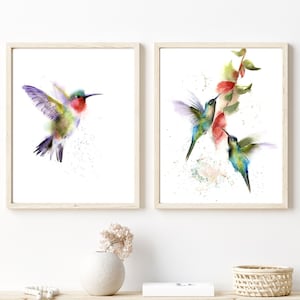 Set Of 2 Hummingbird Art Prints, Watercolor Paintings, Flying Hummingbird Wall Art, Nursery Decor, Bird Art Print, Spring Wall Art