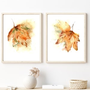Juego de 2 impresiones de acuarela de hojas de arce, arte de pared con díptico otoñal vibrante, decoración acogedora de otoño para sala de estar, impresiones de color amarillo anaranjado