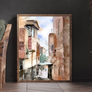 Jerusalem City Scene Art Print, Israel Street Architecture Watercolor Painting Jewish Wall Decor