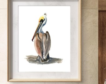 Watercolor Pelican Art Print: Brown Wading Bird Wall Decor