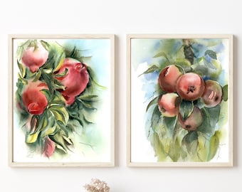 Fruits And Foliage Set Of 2 Plants Art Print, Watercolor Apples,  Pomegranate Painting, Botanical Gallery Kitchen Wall Decor