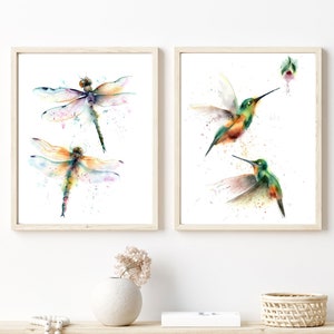 Set Of 2 Prints, Hummingbird Wall Art, Dragonflies Watercolor Prints, Vibrant Nature Inspired Wall Decor, Bird And Insect