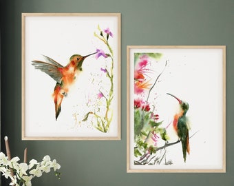 Hummingbird Prints Set of 2 - Colorful Floral Watercolor Artwork for Tropical Bird Lovers