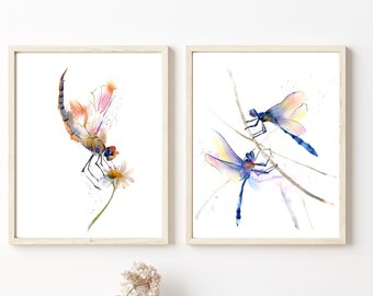 Dragonfly Art Prints Set: Colorful Watercolor Giclee Insect Wall Decor