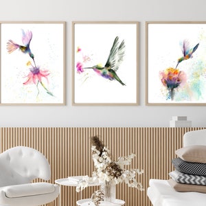 Set Of 3 Hummingbirds Prints, Birds With Flowers Giclée, Hummingbirds Wall Decor, Original Watercolor Prints, Home Gallery Set, Bird Artwork