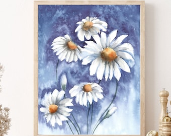 Daisy Print, Watercolor Daisies Painting, Floral Giclee Print Wall Art, Botanical Wall Art, Wildflowers Living Room Decor