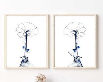 Abstract Floral Set of 2 Prints Indigo Blue Art Ink Blot Painting - Modern Flower Art