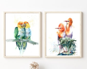 Pair Of Birds Wall Art Set Of 2 Watercolor Prints of Parrots and Cattle Egret Nursery Decor, Green And Orange Two Birds Painting