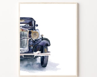 Retro Car Art Print, Watercolor Sketch Painting on White Background, Vehicle Dark Hue Wall Art Decor