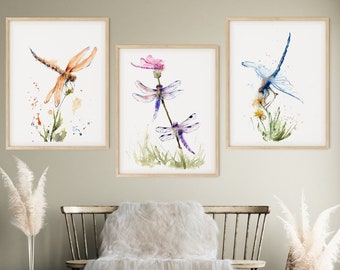 Dragonfly Watercolor Art Prints: Wildlife Wall Decor, Set of 3
