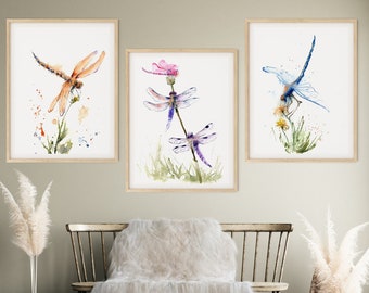 Dragonfly wall art set of 3 Fine Art Prints, Dragonfly watercolor prints set, Wildlife wall decor, Dragonfly illustration, Colorful art