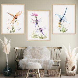 Dragonfly wall art set of 3 Fine Art Prints, Dragonfly watercolor prints set, Wildlife wall decor, Dragonfly illustration, Colorful art