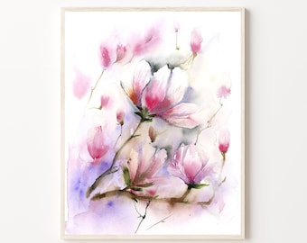 Magnolia Watercolor Fine Art Print, Pink Floral Painting Blossom Botanical Wall Decor