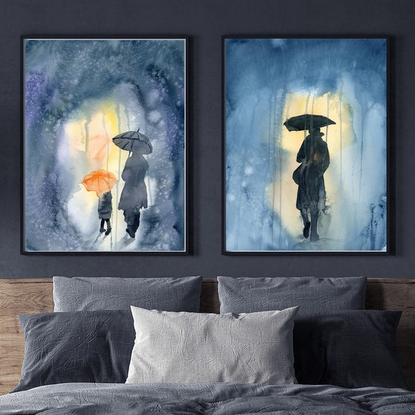 Set Of 2 Figurative Art Print, Watercolor Prints, People Silhouette Paintings, Contemporary Abstract Artwork  Indigo And Yellow Wall Decor