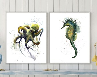 See Animal Art Print Set Of 2 Nautical Prints, Underwater Animals, Green Octopus Watercolor Print, Seahorse Paintings, Bathroom Wall Decor