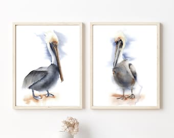 Pelican Giclée Print Set: Watercolor Bird Art, Beach House Decor