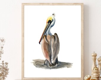 Brown Pelican Painting, Wading Bird Print wall art decor, Watercolor Pelican artwork, Nature Wall Art Gift Idea, Pelican giclee art print