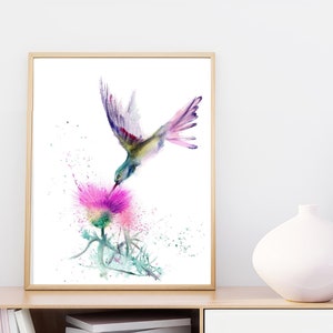 Kolibri Kunstdruck, Aquarell Vogel Und Distel Malerei, Fliegender Kleiner Vogel Kunstwerk, Kolibri Wand Kunst Dekor, Wildvogel Druck