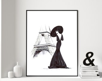 Fashion sketch art print, Eiffel Tower Paris wall art Ink Drawing, Women in Black illustration, Girly dressing room Modern wall decor