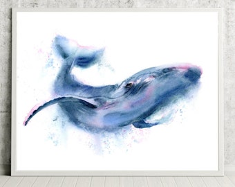Blue Whale Fine Art Print,  Watercolor Painting, Nursery Bathroom Wall Art