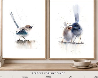 Wren Birds Watercolor Print Set: Minimalist Fine Art (Set of 2)