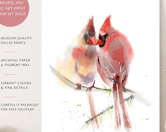 Lámina de acuarela de una pareja de cardenales, arte mural de cardenales del norte, decoración romántica con aves.