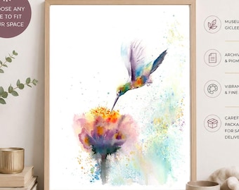 Lámina artística de colibrí en acuarela: decoración floral tropical para pared.