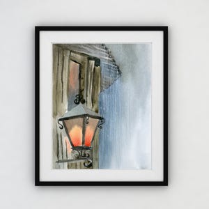 Urban Rainy Cityscape Art Print, Watercolor Light Of Lantern Painting, Night Scene Cozy Wall Art, Serenity Artwork Living Room Wall Decor