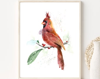 Northern Cardinal Print, Watercolor Red Bird Painting Wall Art, Bird Lover Cottage core Decor