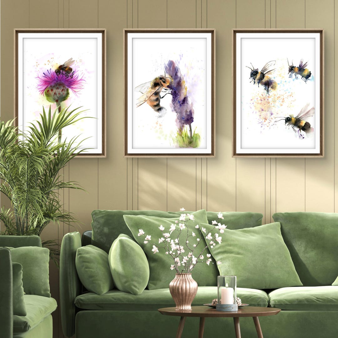 Honey Bee Print Set: Watercolor Insect & Floral Wall Art - Etsy