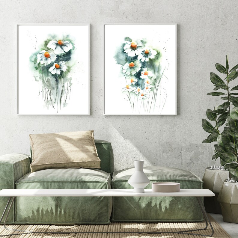 Set of 2 Art Prints Daisy Watercolor Prints Floral Wall Art Etsy
