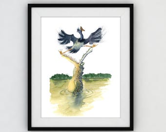 Alligator and Bird Watercolor Painting: Humorous Nursery Art Print