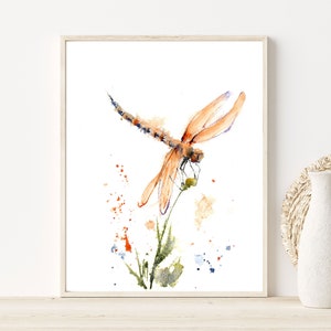 May include: A framed watercolour painting featuring an orange dragonfly perched on a green stem. The artwork uses loose brushstrokes and paint splatters in shades of orange, green, and blue against a stark white background within a light wood frame.