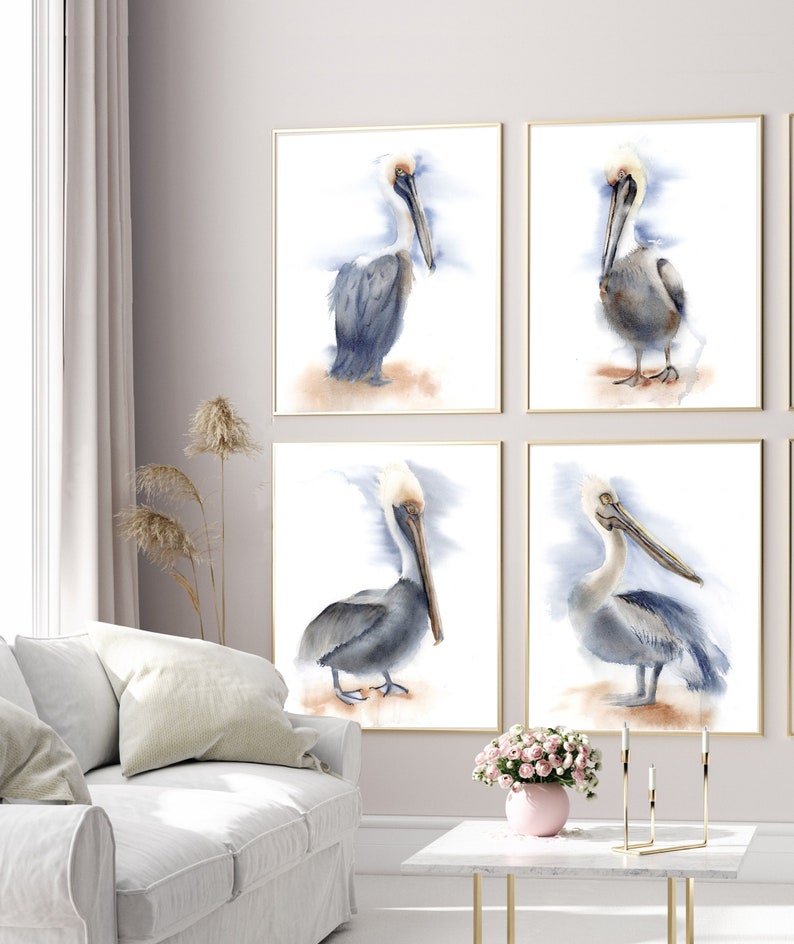 May include: Set of four watercolor paintings featuring brown pelicans in various poses. Each painting has a white background with a light blue watercolor wash.