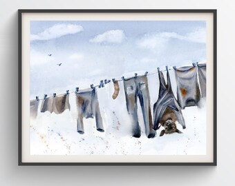 Laundry Room Art Print Whimsical Bat Watercolor Painting Playful Animal Cartoon Illustration Nursery Bathroom Wall Decor