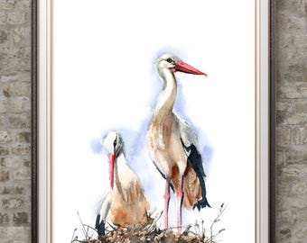 美しいコウノトリのジクレーアートプリント、水彩画の鳥の巣の壁飾り