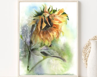 Sunflower Art Print Wall Decor, Watercolor Botanical Flower Painting, Yellow Green Floral Modern Room Decor