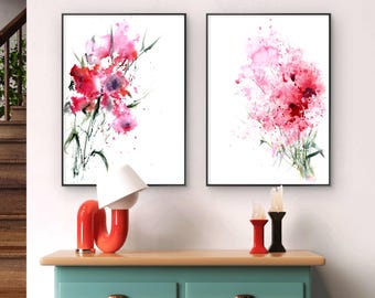 Set di stampe astratte floreali ad acquerello / Dittico decorativo da parete con fiori selvatici rosa e rossi