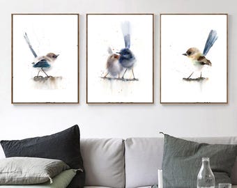 Set of 3 Wren Watercolor Prints, Bird Artwork, Nursery Wall Decoration