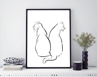 Two Cats Line Art Print: Minimalist Black and White Giclée