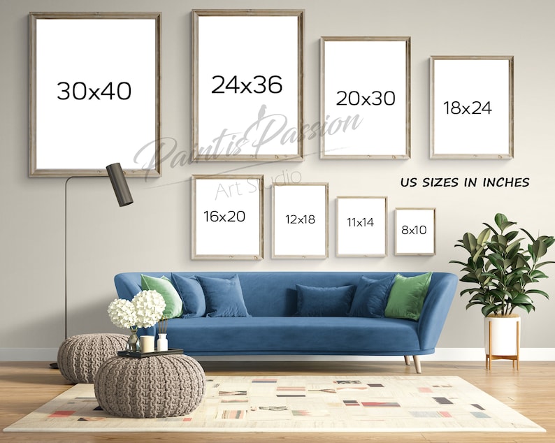 May include: A collection of eight rectangular picture frames with white inserts, each labelled with US sizes in inches: 30x40, 24x36, 20x30, 18x24, 16x20, 12x18, 11x14, and 8x10. The text "Paintis Passion Art Studio" is visible in the centre.