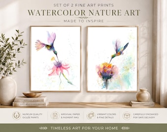 Hummingbird Watercolor Art Print Set: Colorful Flying Bird Floral Wall Decor