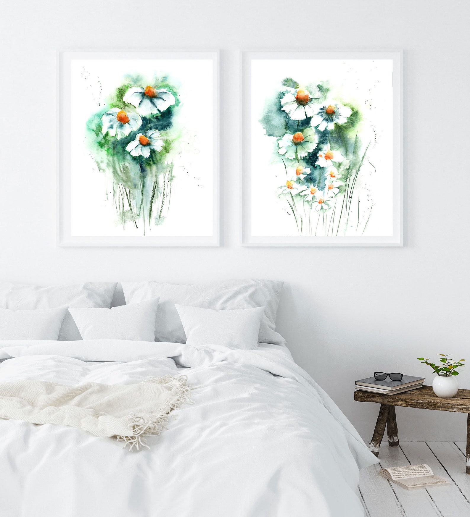 Set of 2 Art Prints Daisy Watercolor Prints Floral Wall Art Etsy