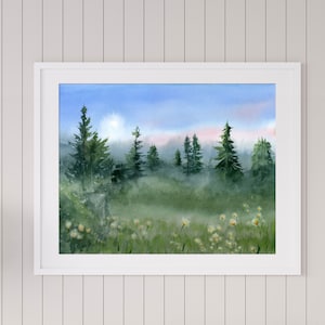 Evergreen Trees Landscape Art Print, Pine Forest Watercolor Painting, Foggy Forest Nature Wall Decor