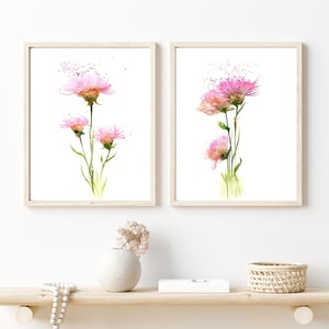 Flowers Art Print Diptych, Set of 2 Minimalist Watercolor Paintings, Floral Bedroom Decor & Wildflowers Botanical Art, Farmhouse Wall Art